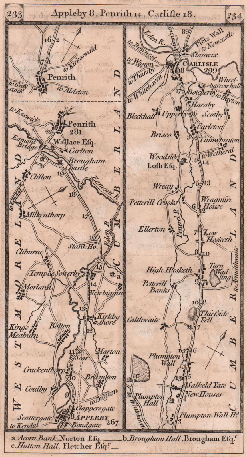 Appleby-Temple Sowerby-Penrith-Hesket-Carlisle road strip map PATERSON 1803